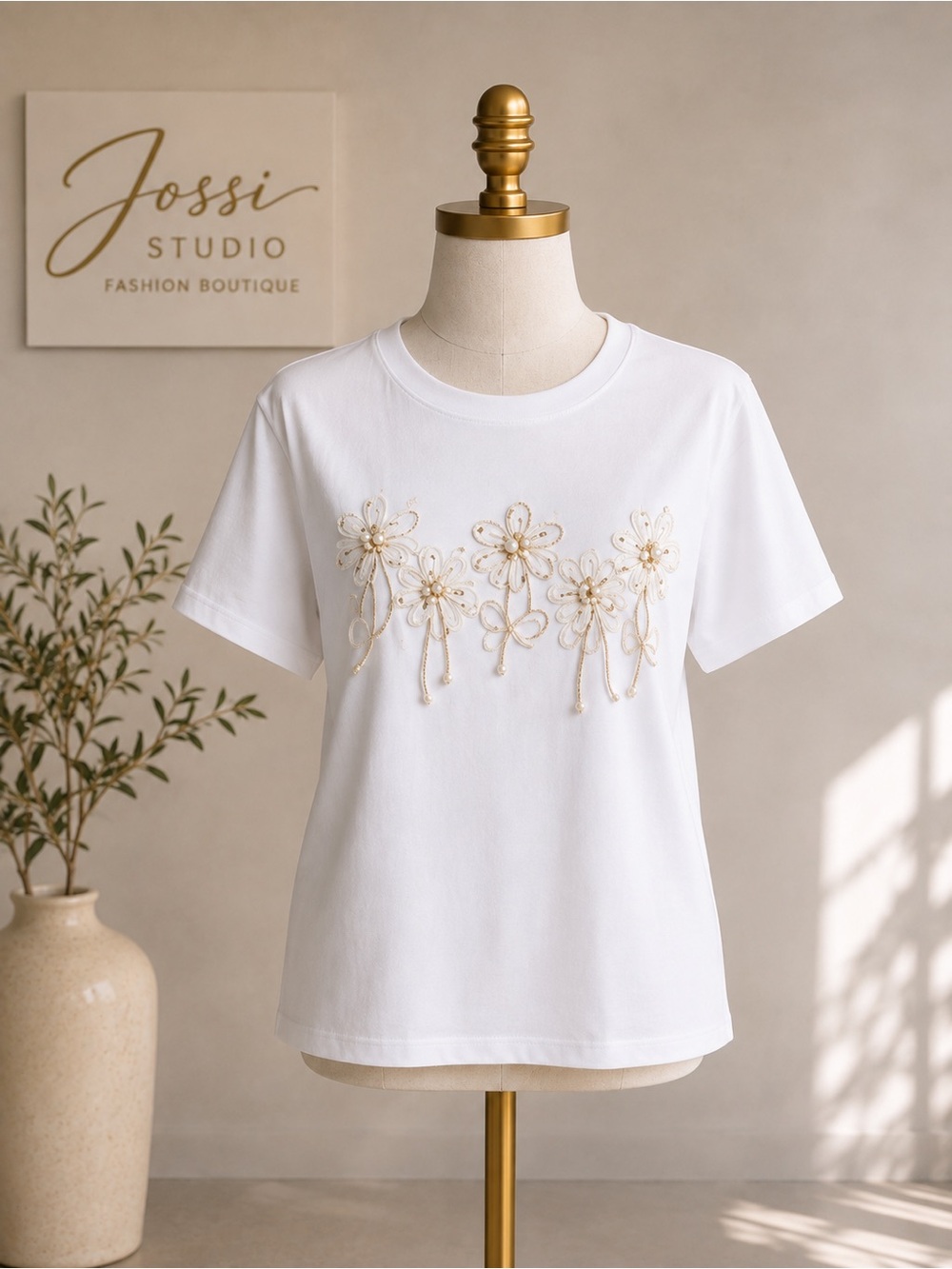 White Short-Sleeve Floral Embroidered Tee